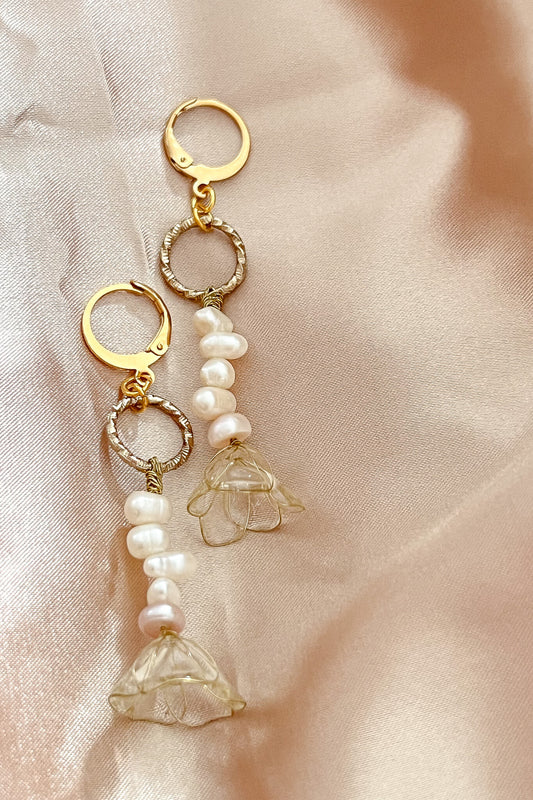 Circle shape Huggie Hoops with wire resin flower earrings and baroque pearls. gold hardware, classy Parisian European inspired old money vibe inspo