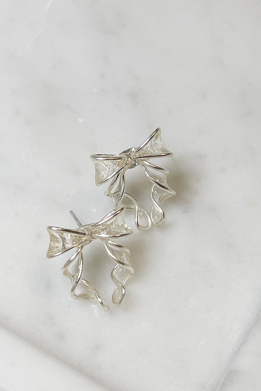 handmade silver bow ribbon studs 