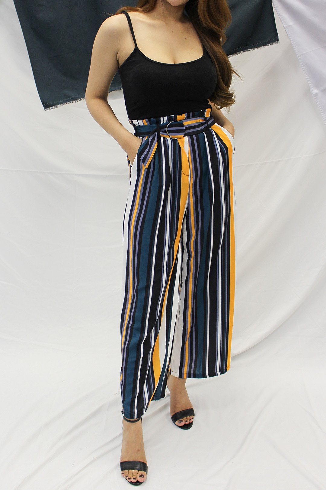 Colourful belted high waist wide leg pants 