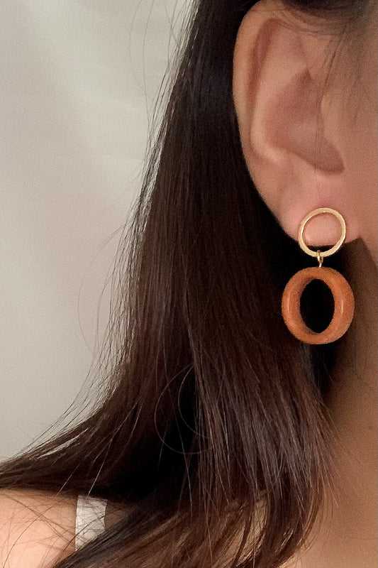Gold and wooden circle drop earrings