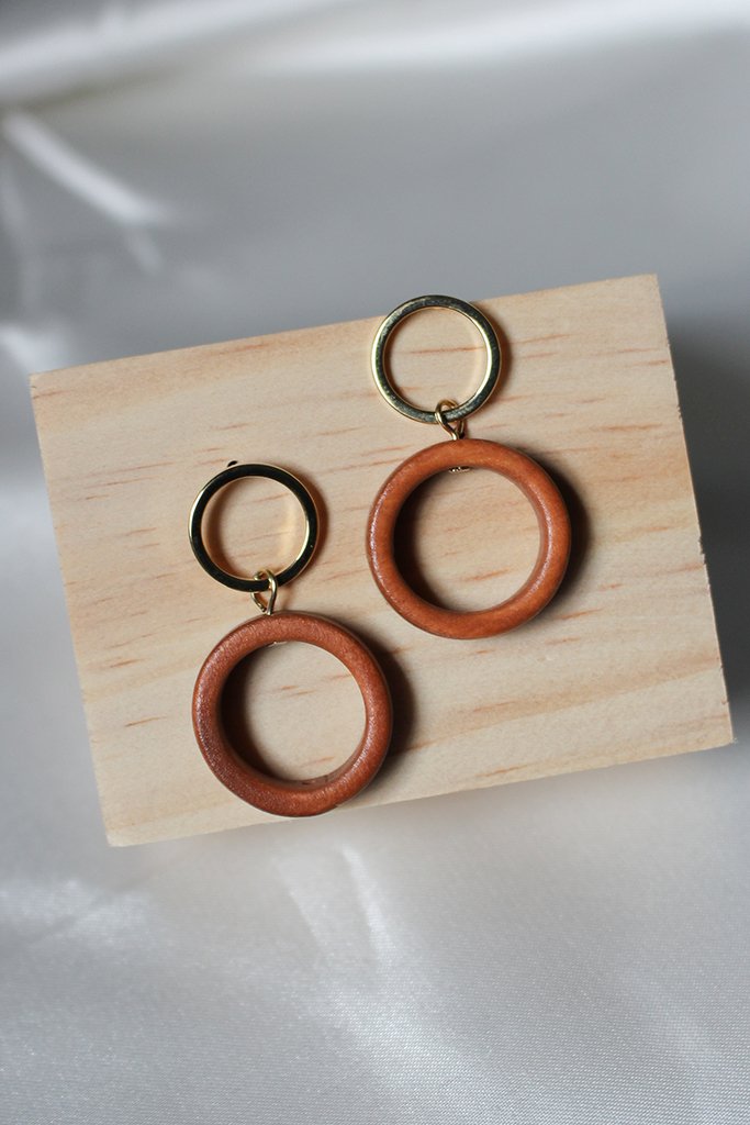 Gold and wooden circle drop earrings