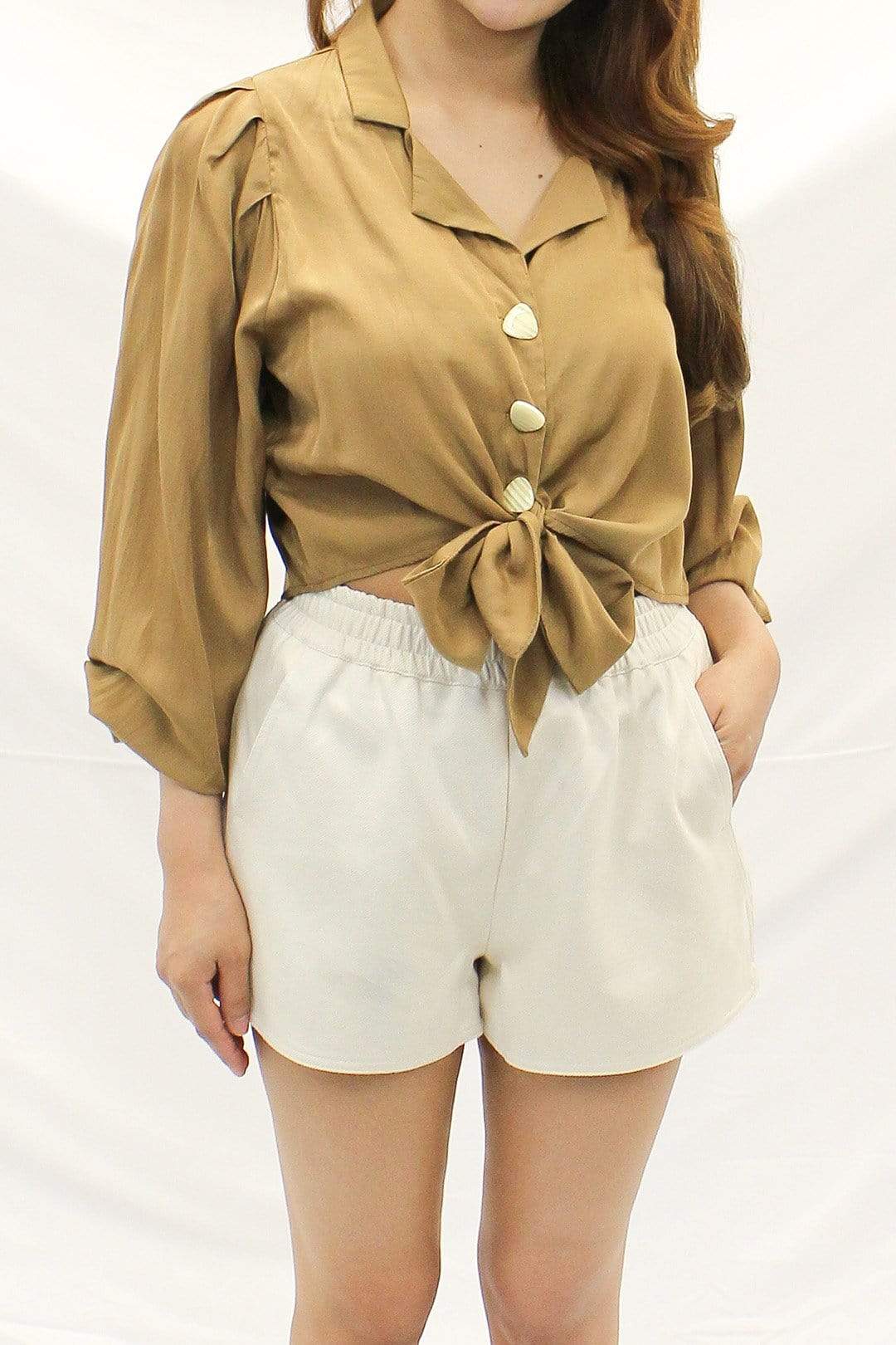 Zoie Cropped Shirt with Front Tie - Bonn Moda