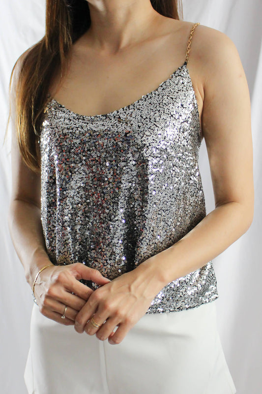 Sequined Camisole tip with gold chain perfect for parties | taylor swift eras tour outfit inspo 1989 sparkly top 