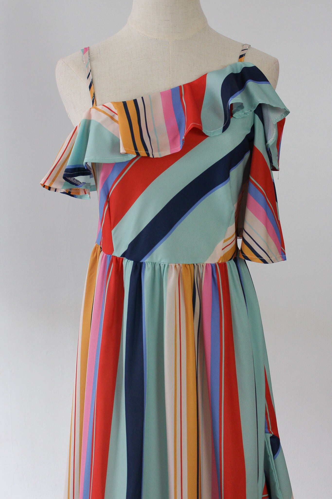 Colourful Striped Ruffled Asymmetrical Dress with adjustable straps, thin and lightweight, perfect for summer