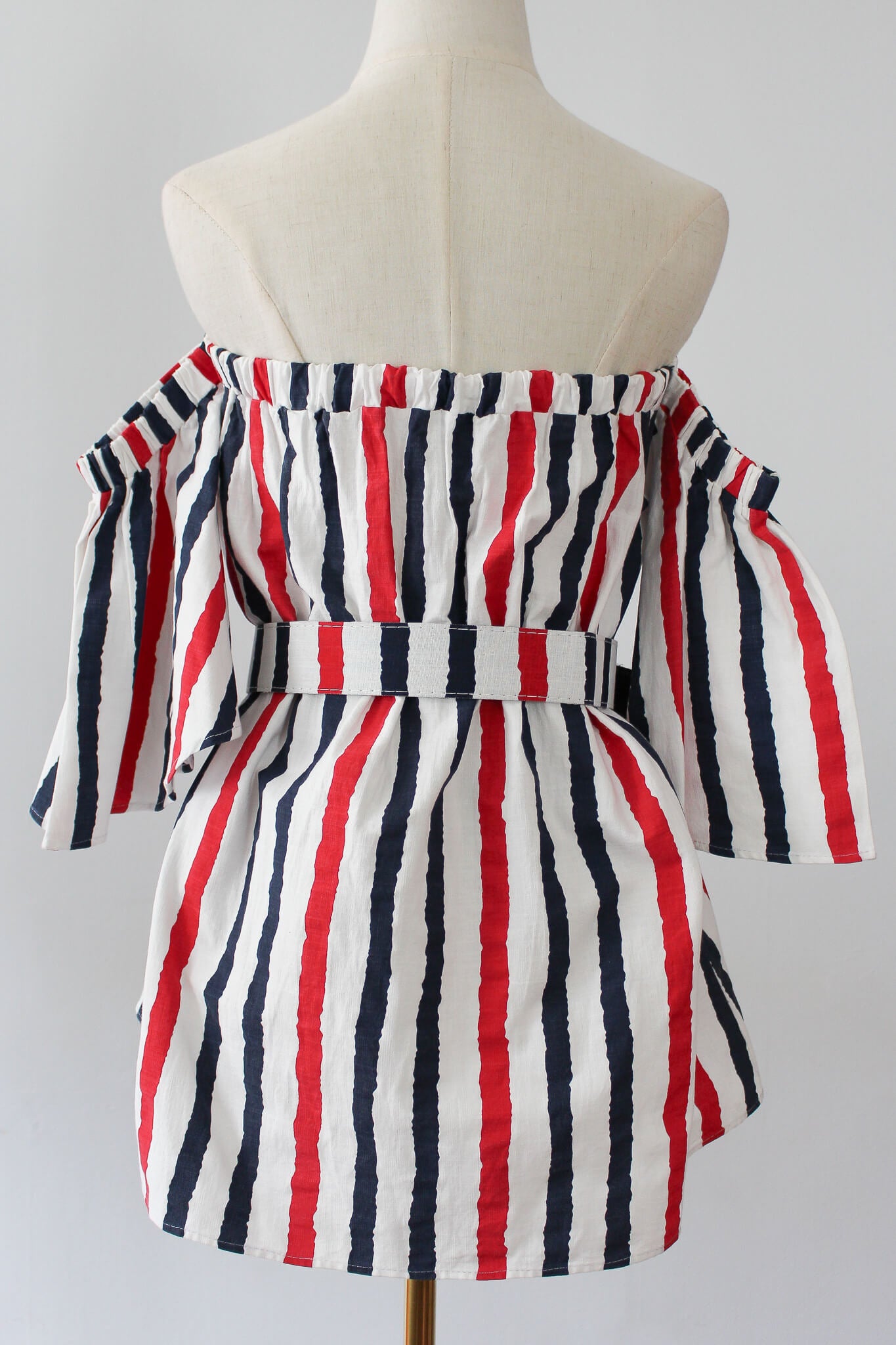  Striped Off Shoulder Belted Mini Dress