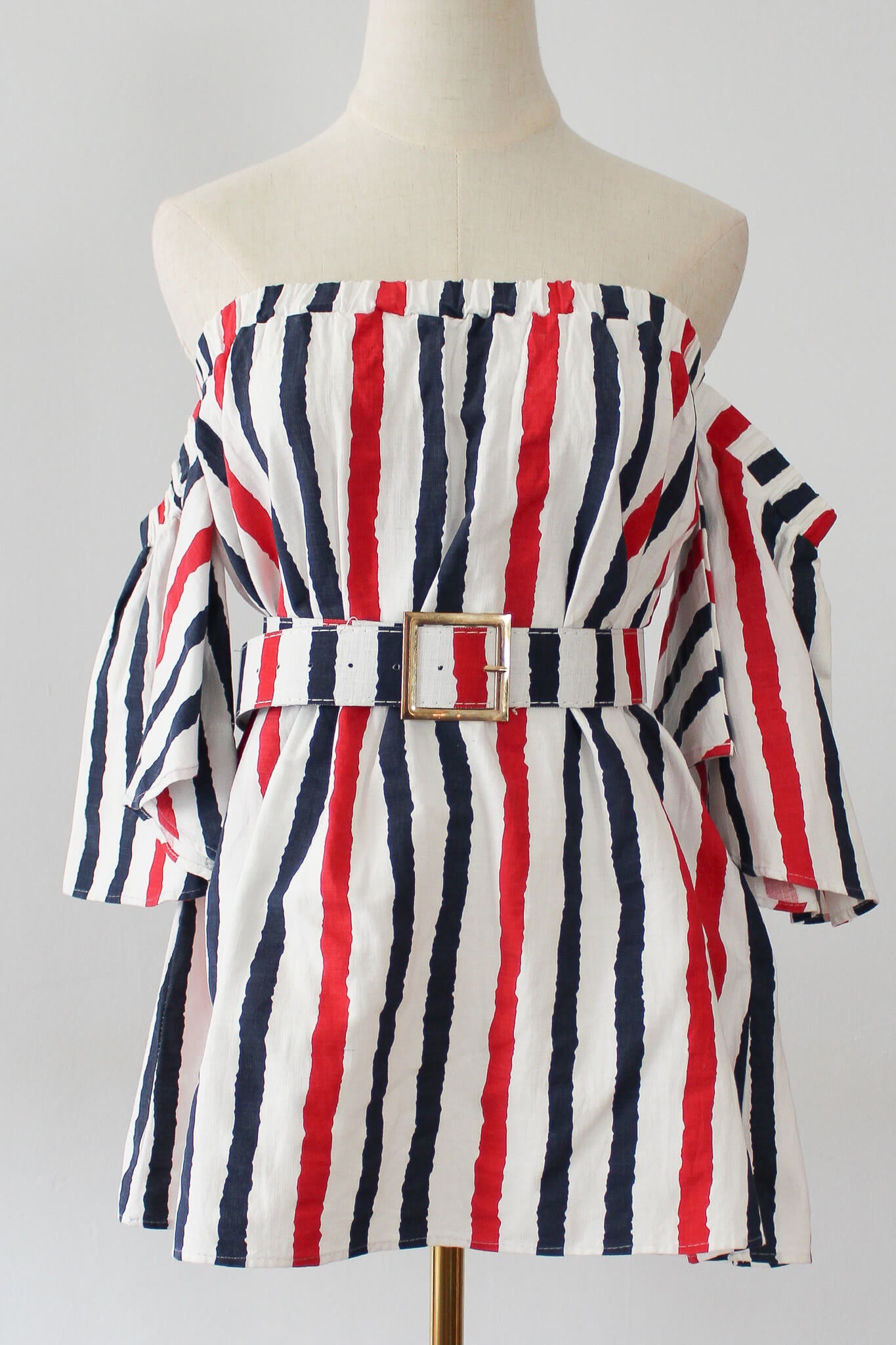  Striped Off Shoulder Belted Mini Dress
