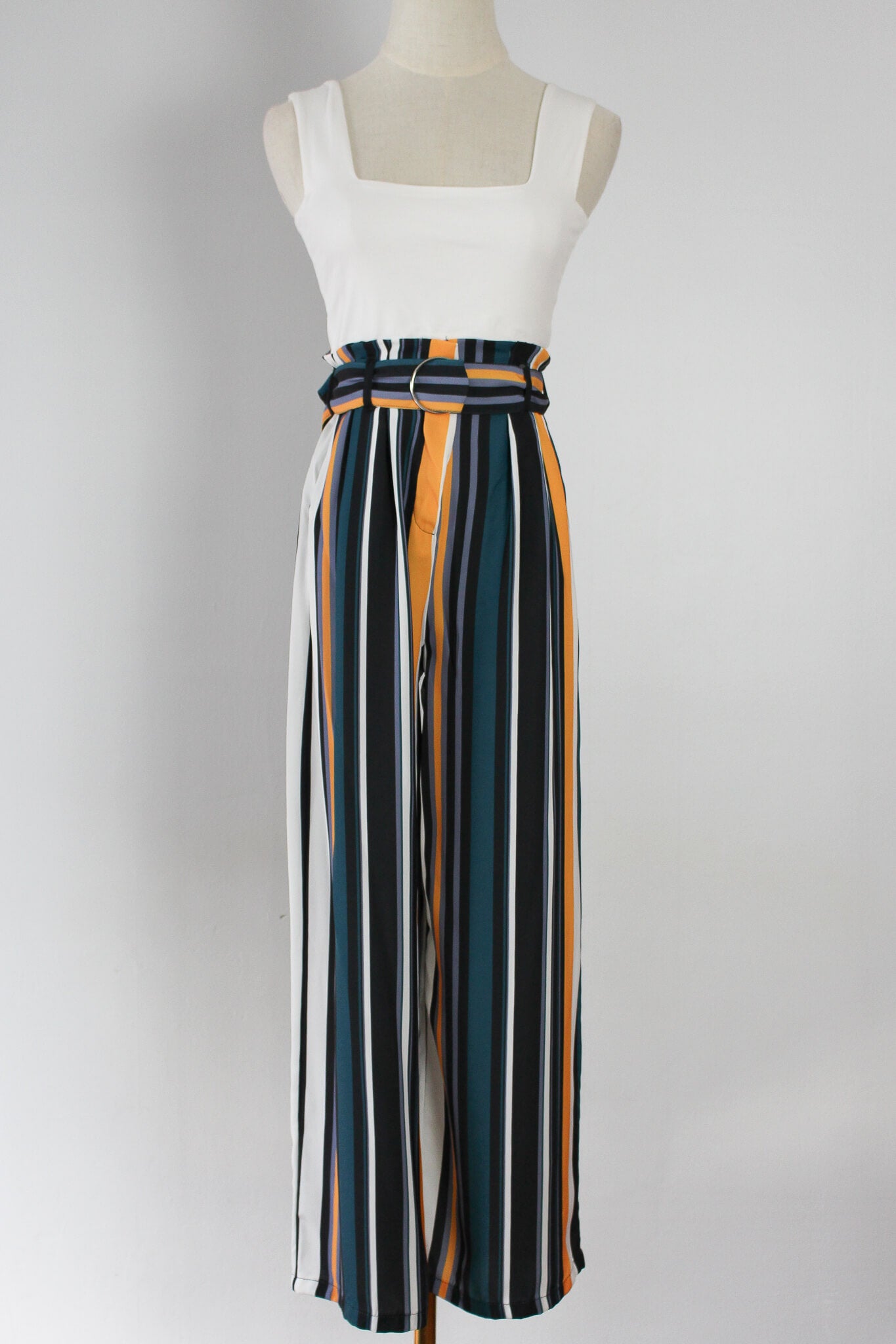 Colourful belted high waist wide leg pants 