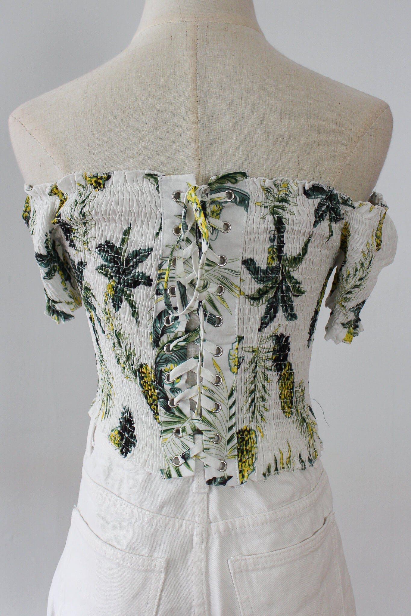 Printed Off Shoulder Shirred Top with tied ribbon