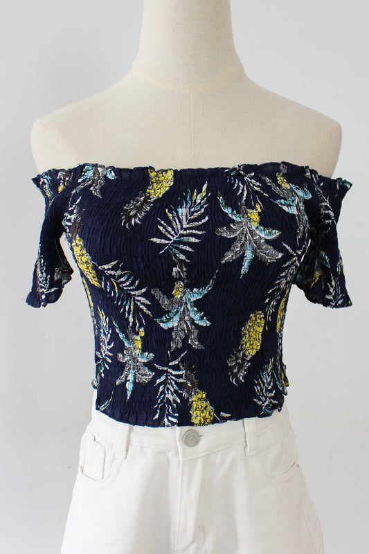 Printed Off Shoulder Shirred Top with tied ribbon