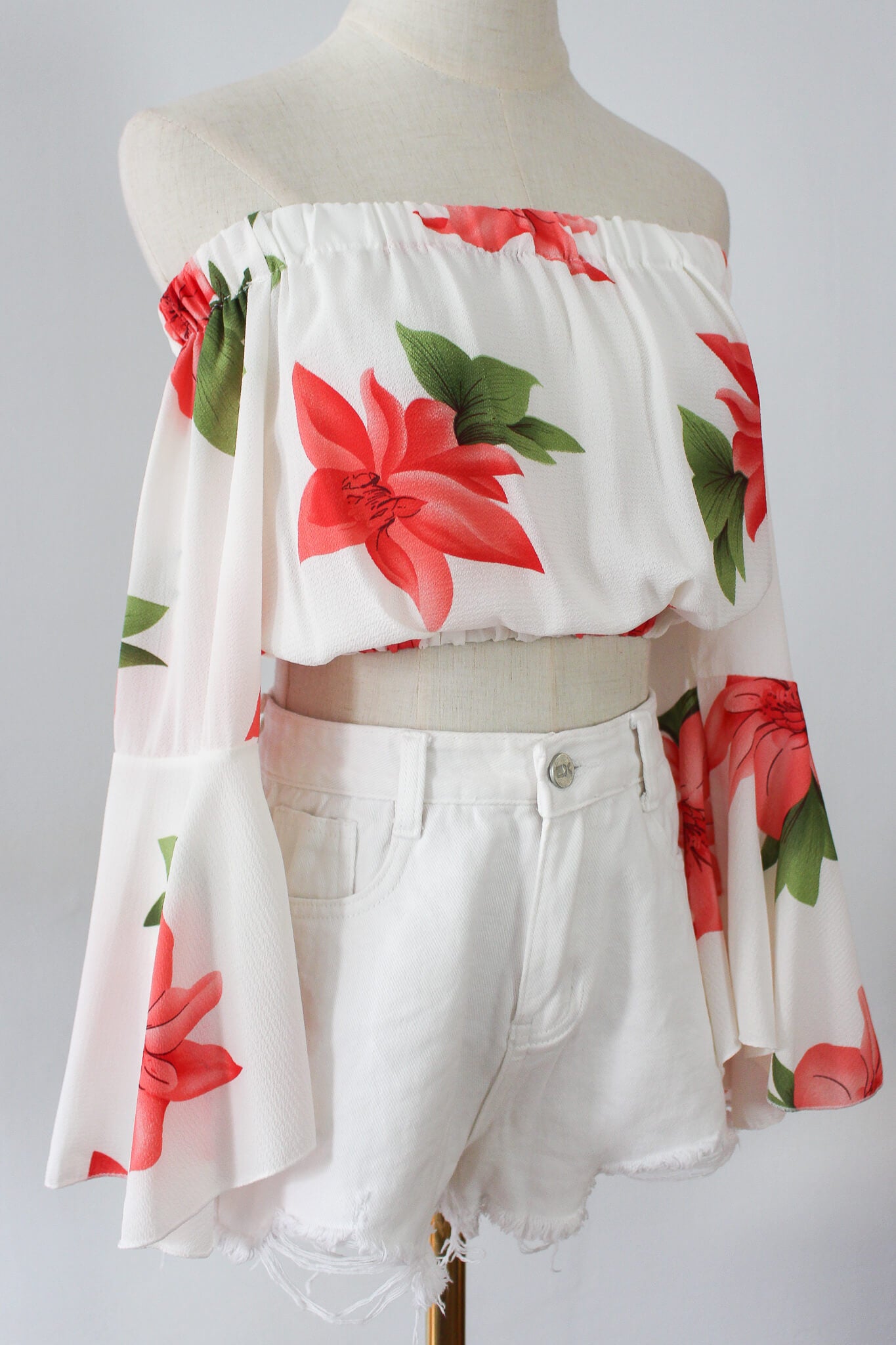 Printed Bell Sleeve Off Shoulder Cropped Top with retro vibe